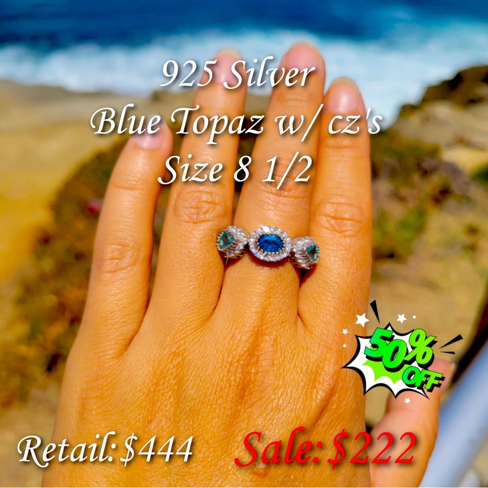 925 Sterling Silver Ring w/ Blue Topaz and Blue Apatite & CZ’s Size 8.5!!